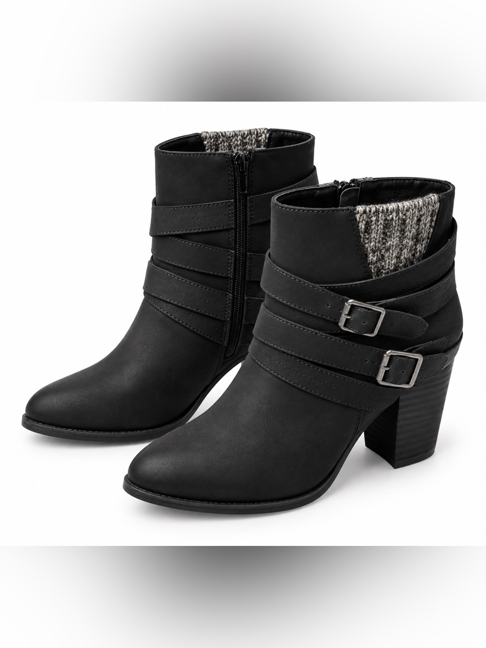 Shoe Dazzle Black Buckle-Strap Knit-Cuff Ankle Boots